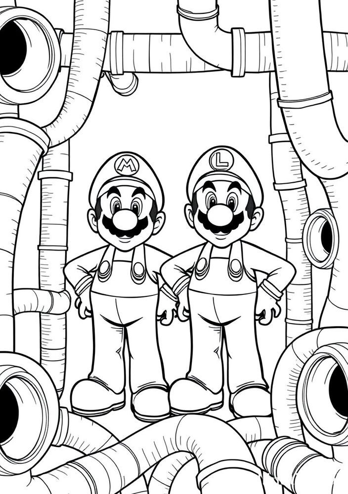 Desenho do Mario e Luigi com canos para colorir