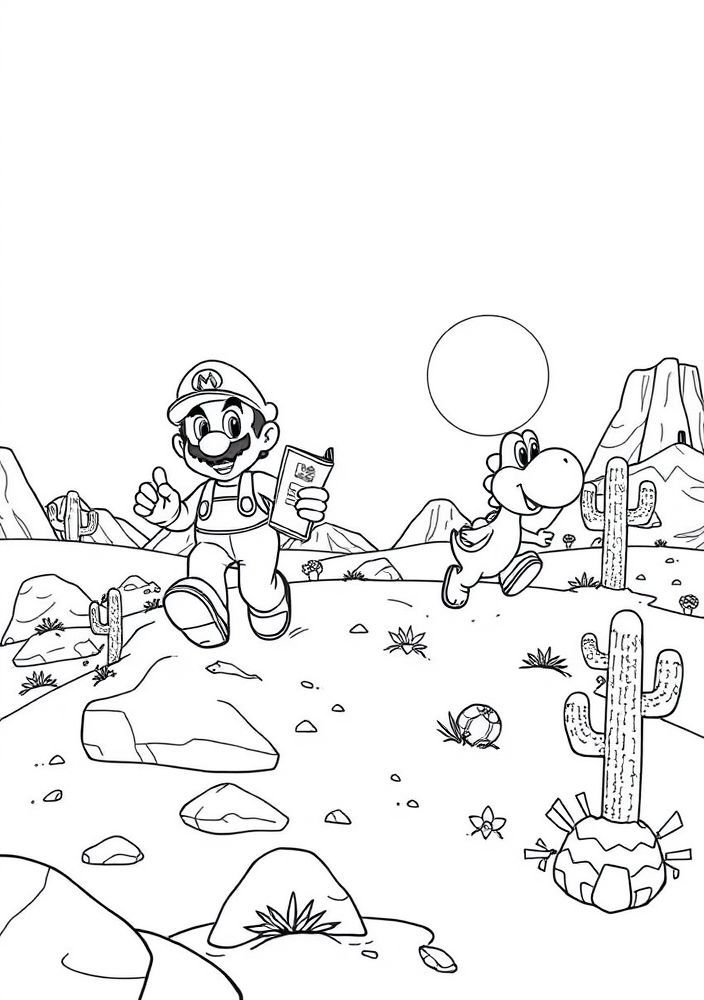 Desenho do Mario e Yoshy em uma aventura no deserto para colorir