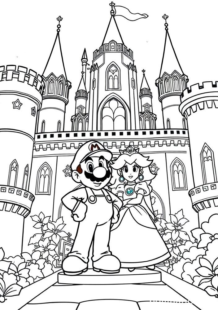 Desenho do Mario e a Princesa Peach em um castelo