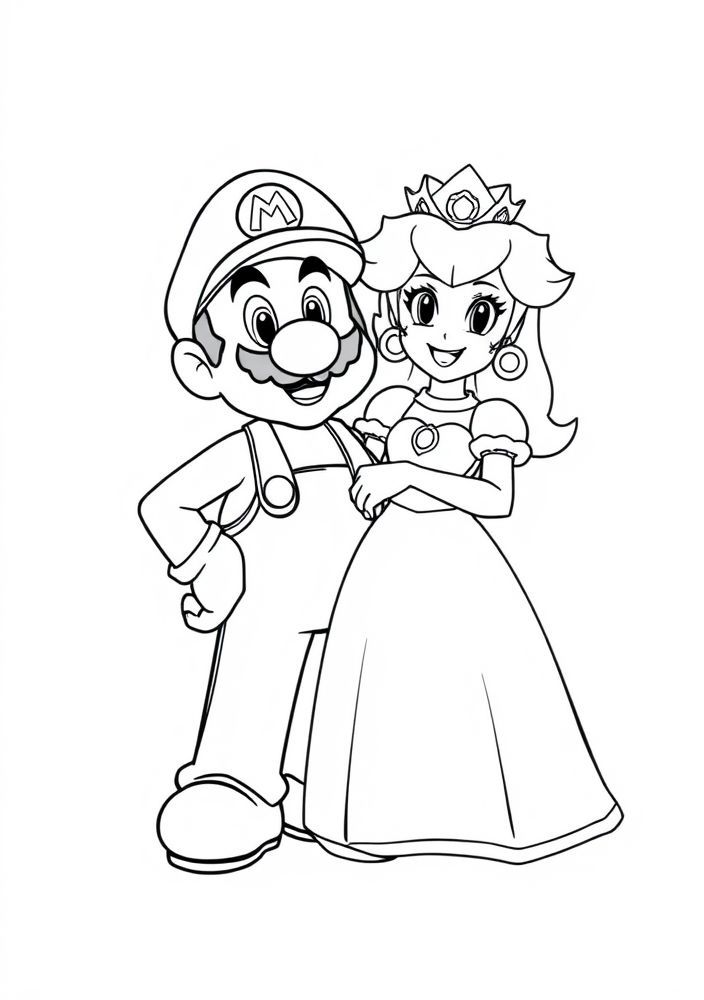 Desenho do Mario e da Princesa Peach juntos para colorir