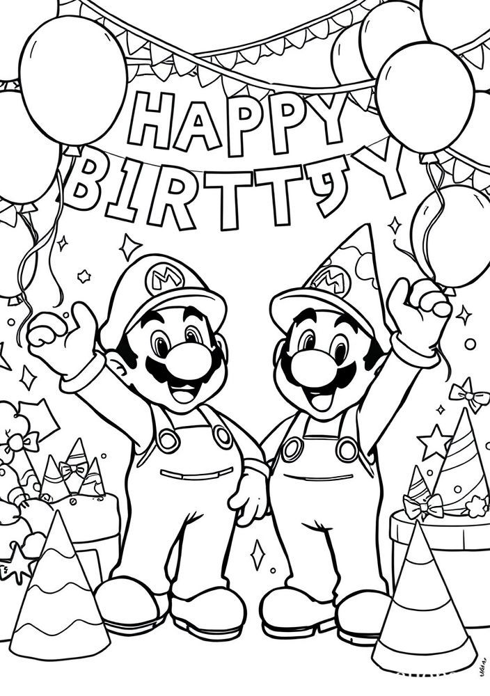 Desenho do Mario e do Luigi em uma festa para colorir