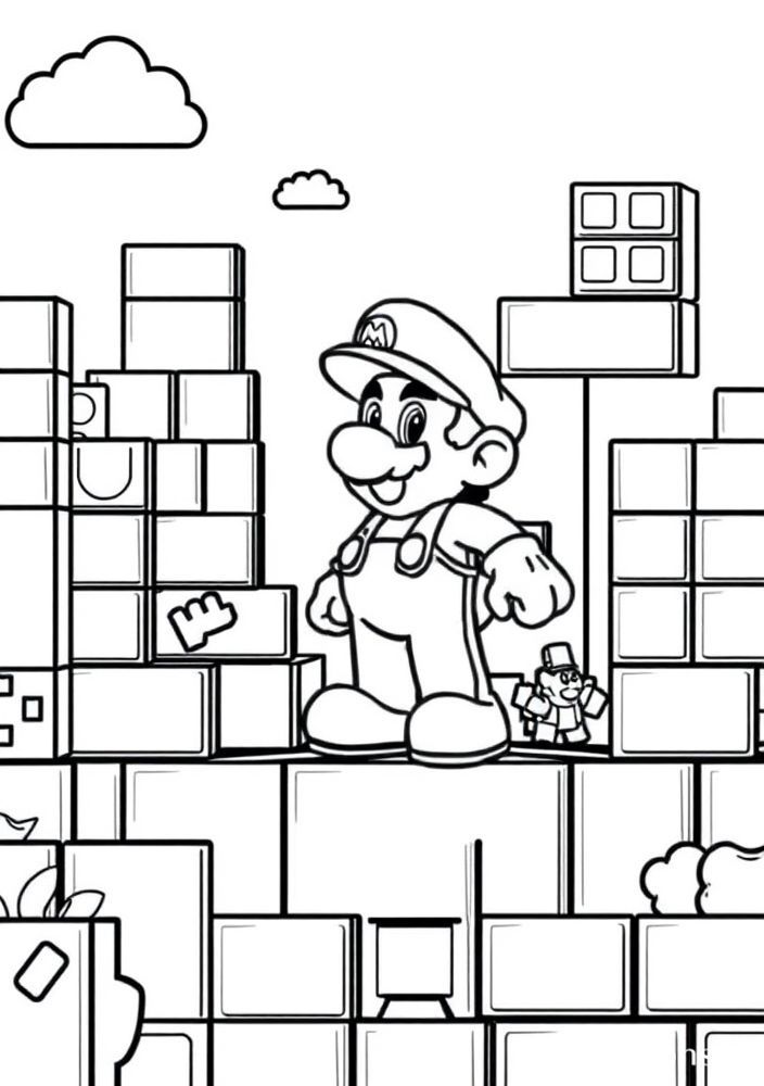 Desenho do Mario em um mundo de blocos para colorir