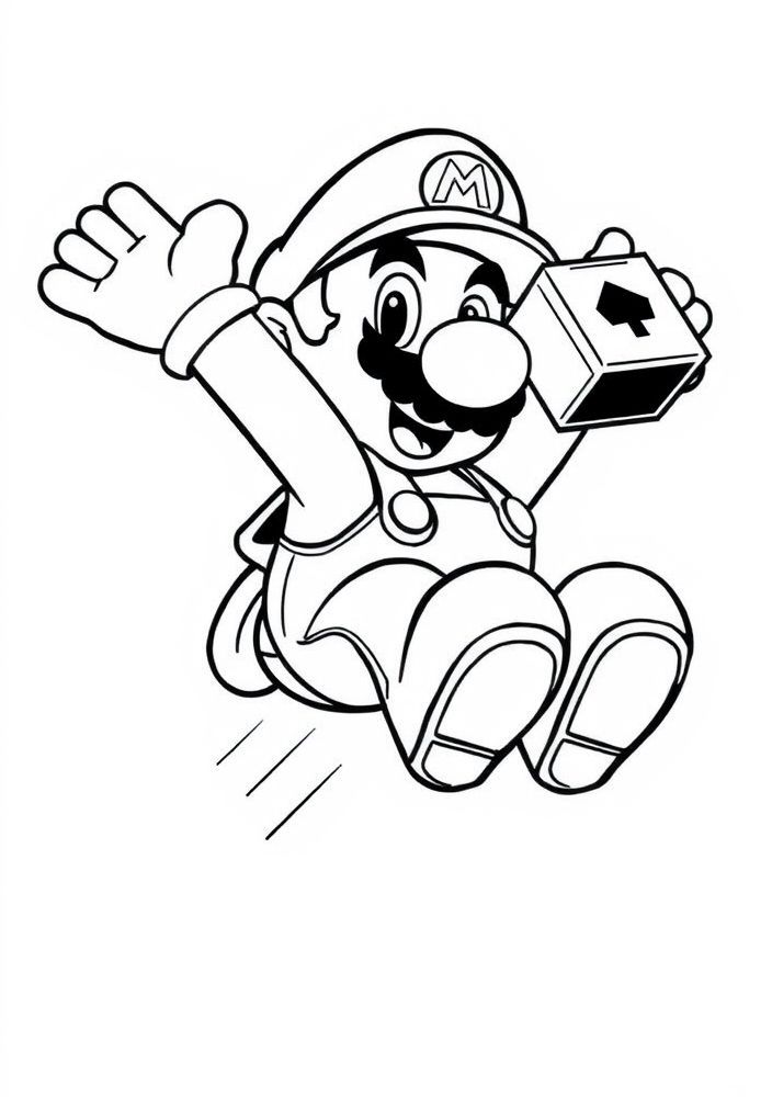 Desenho do Mario voando com um bloco de poder para colorir