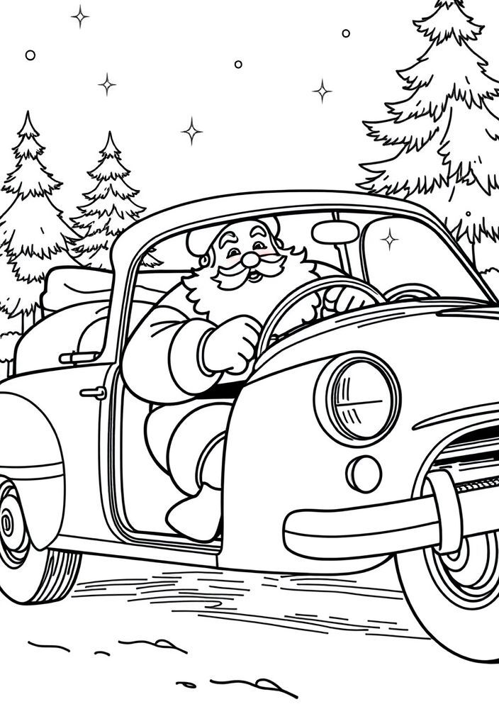 Desenho do Papai Noel em um carro vintage para colorir