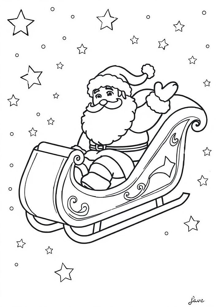Desenho do Papai Noel em um trenó voador com estrelas para colorir