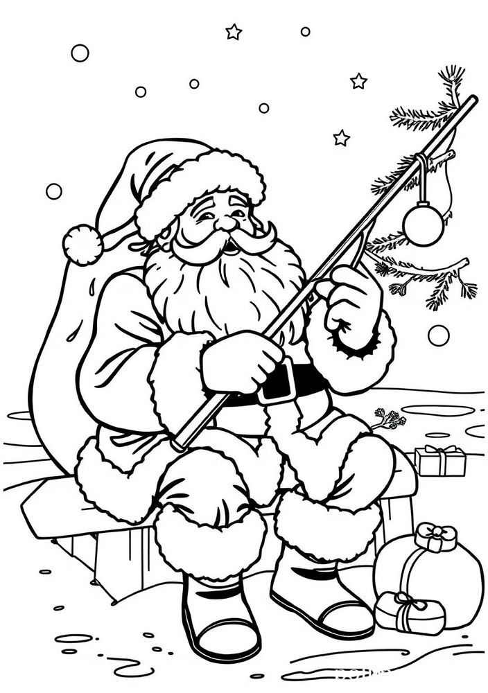 Desenho do Papai Noel pescando antes do Natal para colorir