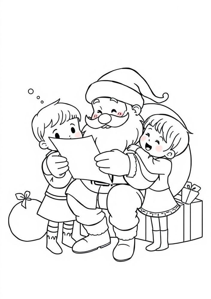 Desenho do Papai Noel recebendo cartas de crianças para colorir