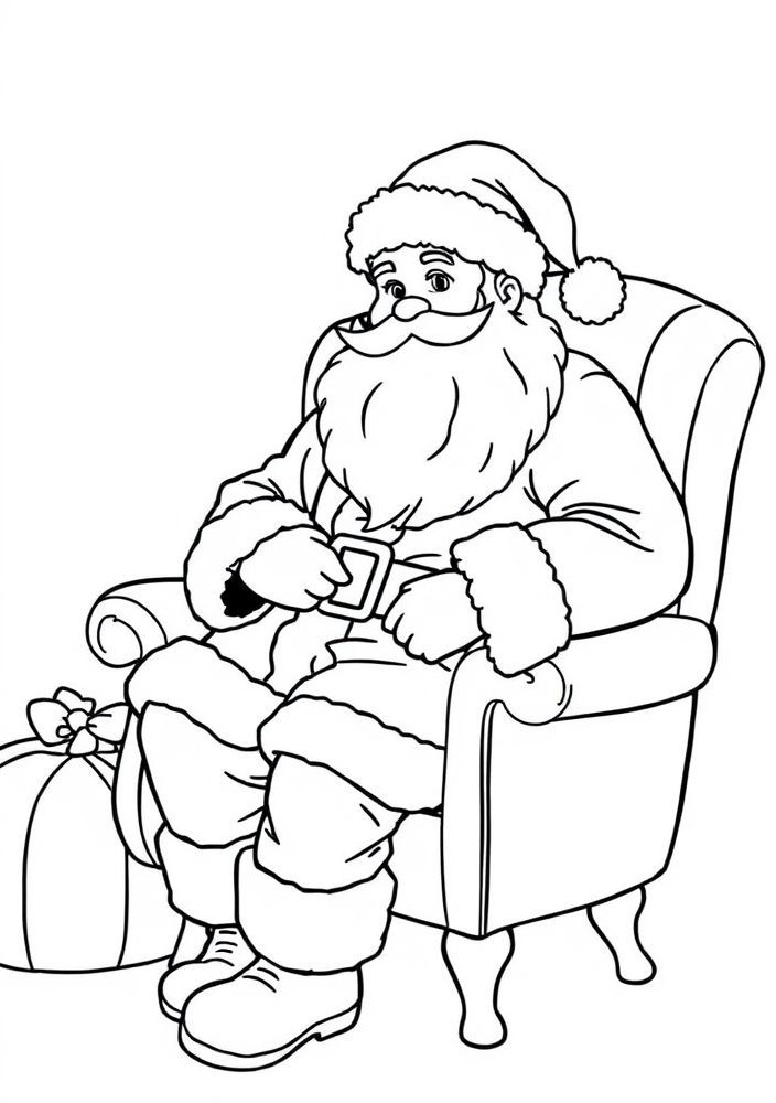 Desenho do Papai Noel sentado em uma poltrona aconchegante para colorir