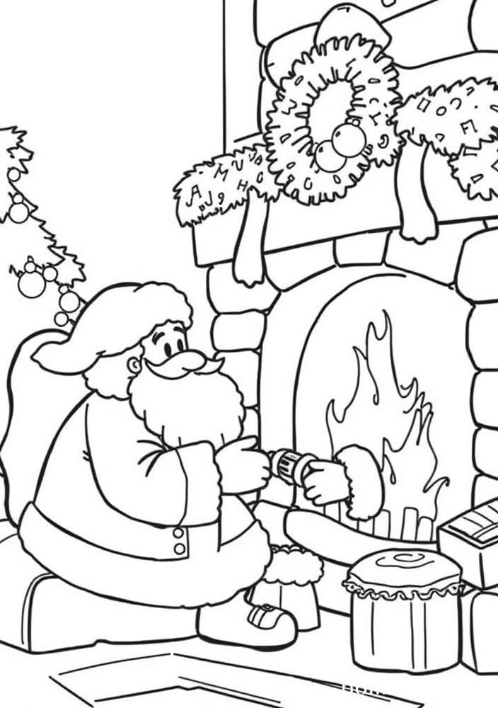 Desenho do Papai Noel sentado na lareira para colorir