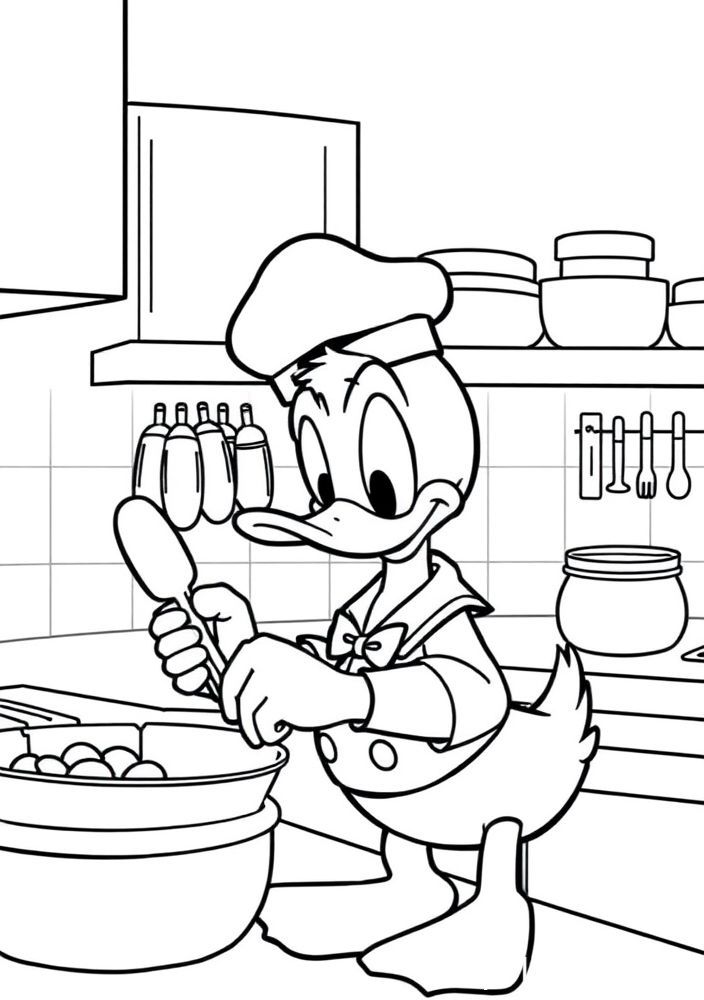 Desenho do Pato Donald cozinhando na cozinha para colorir