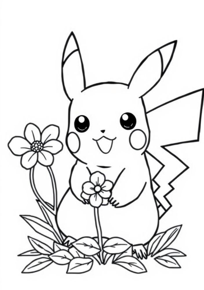 Desenho do Pikachu com uma flor para colorir
