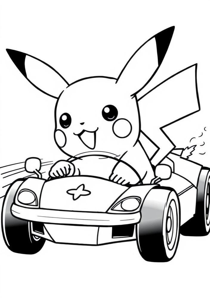 Desenho do Pikachu em um carro de corrida para colorir