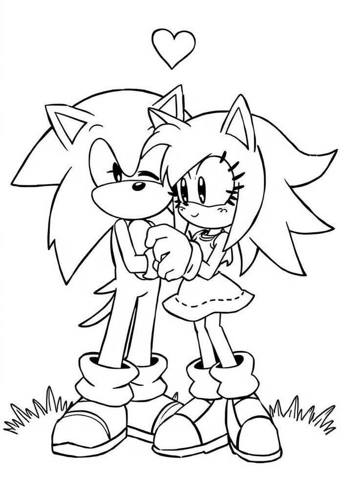 Desenho do Sonic e Amy em um momento romântico para colorir