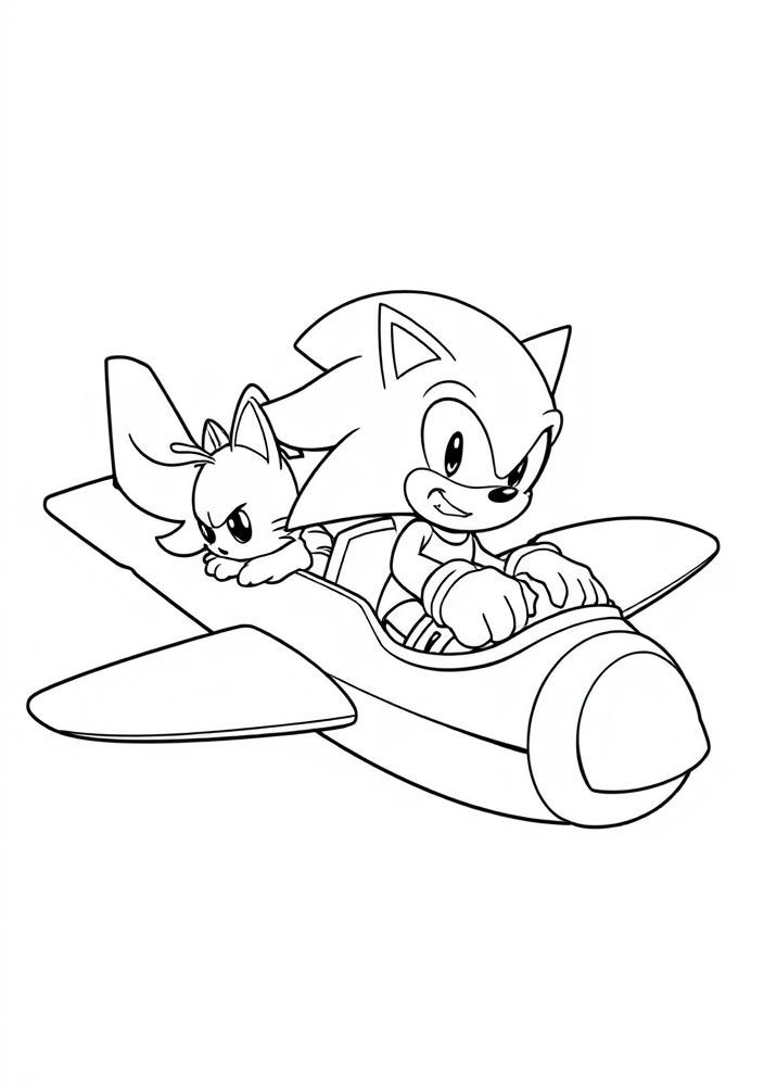 Desenho do Sonic e Tails em um avião para colorir
