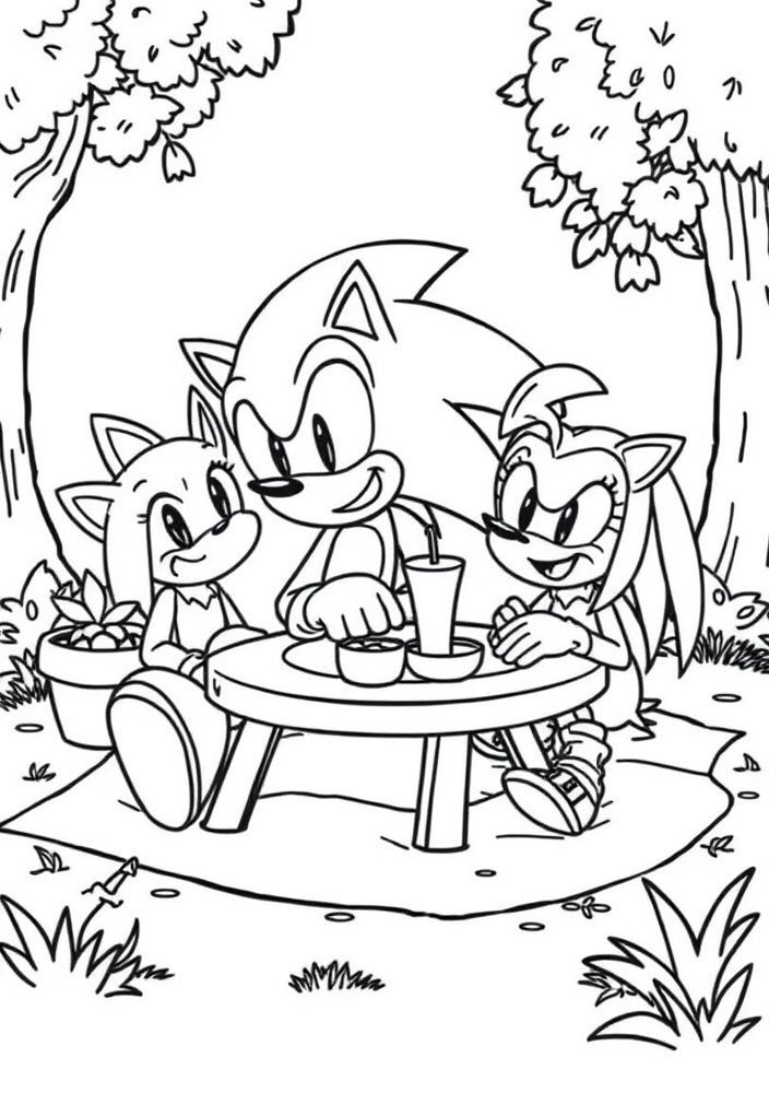 Desenho do Sonic e amigos em um piquenique para colorir