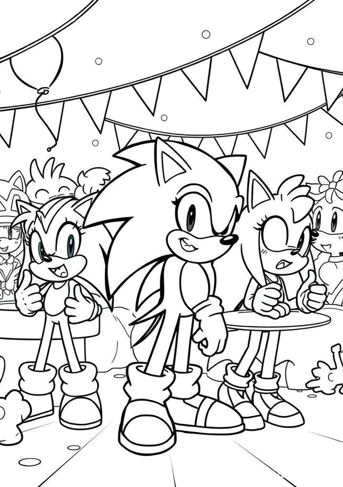 Desenho do Sonic e amigos em uma festa para colorir