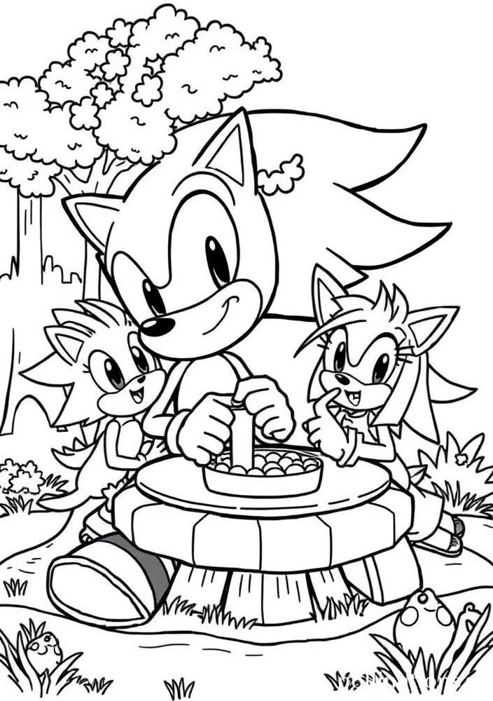 Desenho do Sonic e seus amigos em um piquenique para colorir