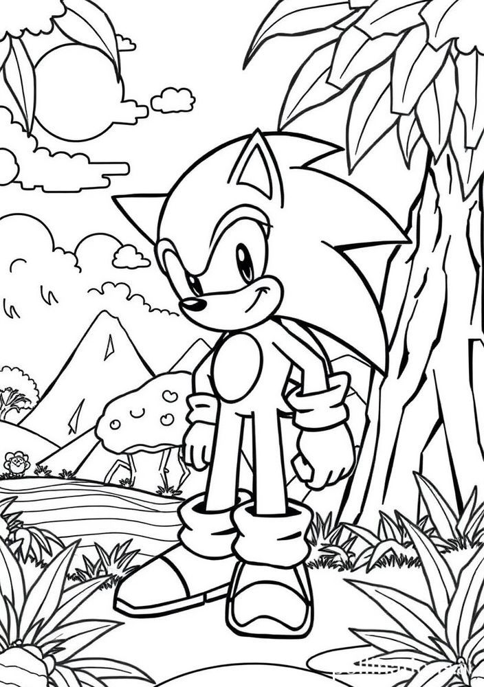 Desenho do Sonic em um cenário de Green Hill Zone para colorir
