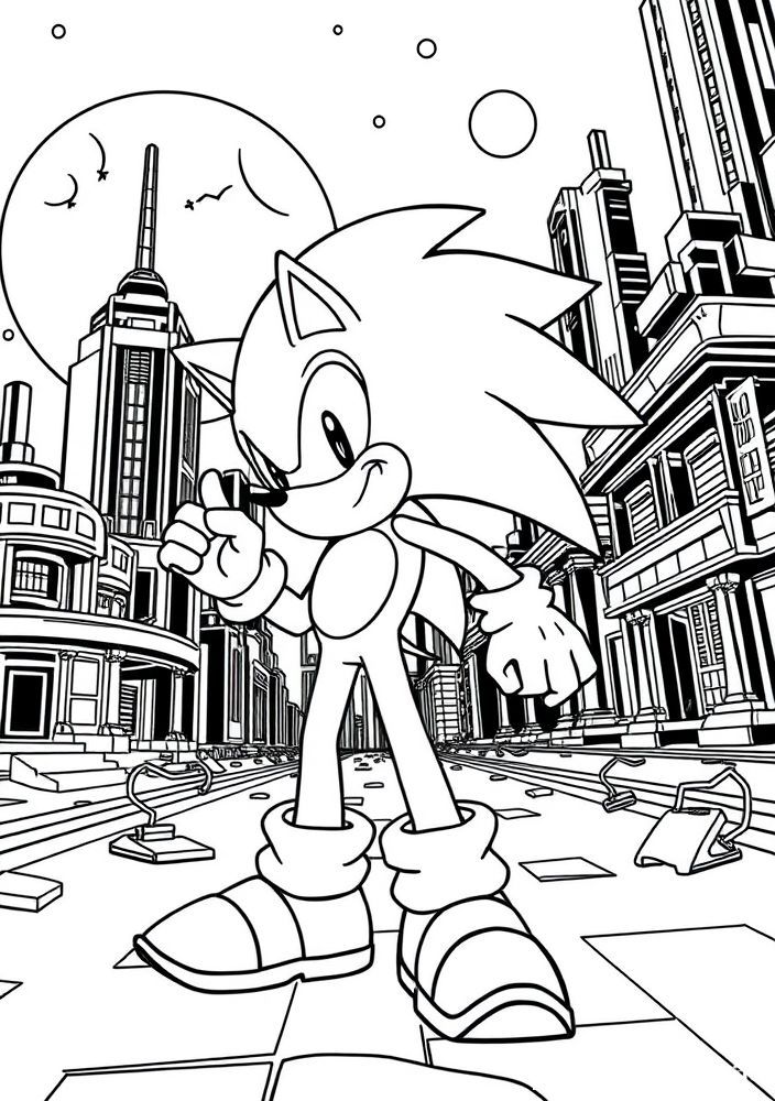 Desenho do Sonic em um mundo futurista para colorir