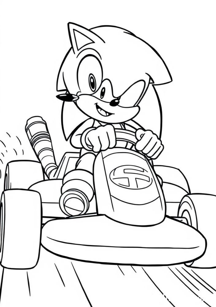 Desenho do Sonic em uma corrida de kart para colorir