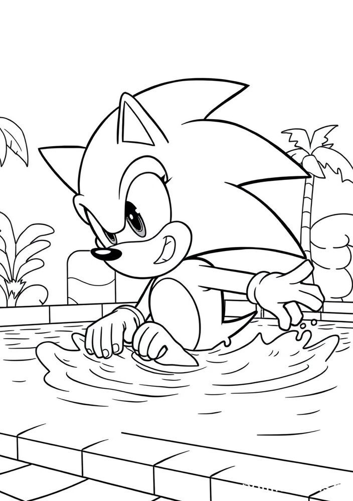 Desenho do Sonic nadando na piscina para colorir