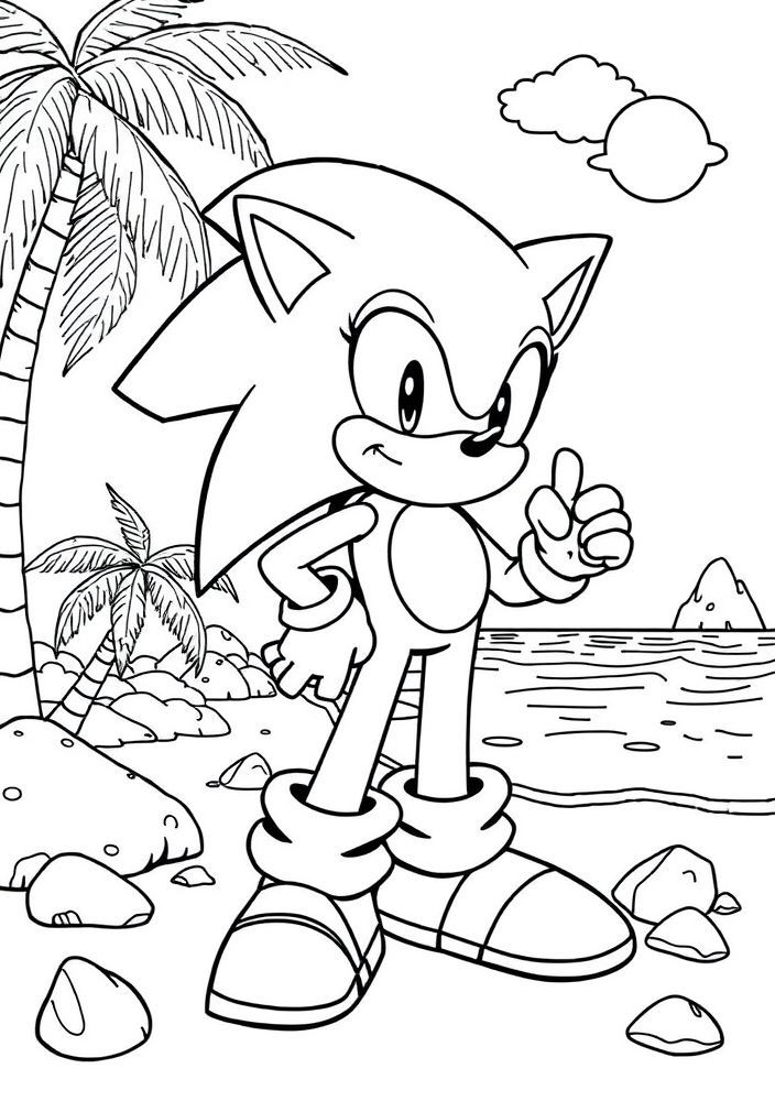 Desenho do Sonic no verão na praia para colorir