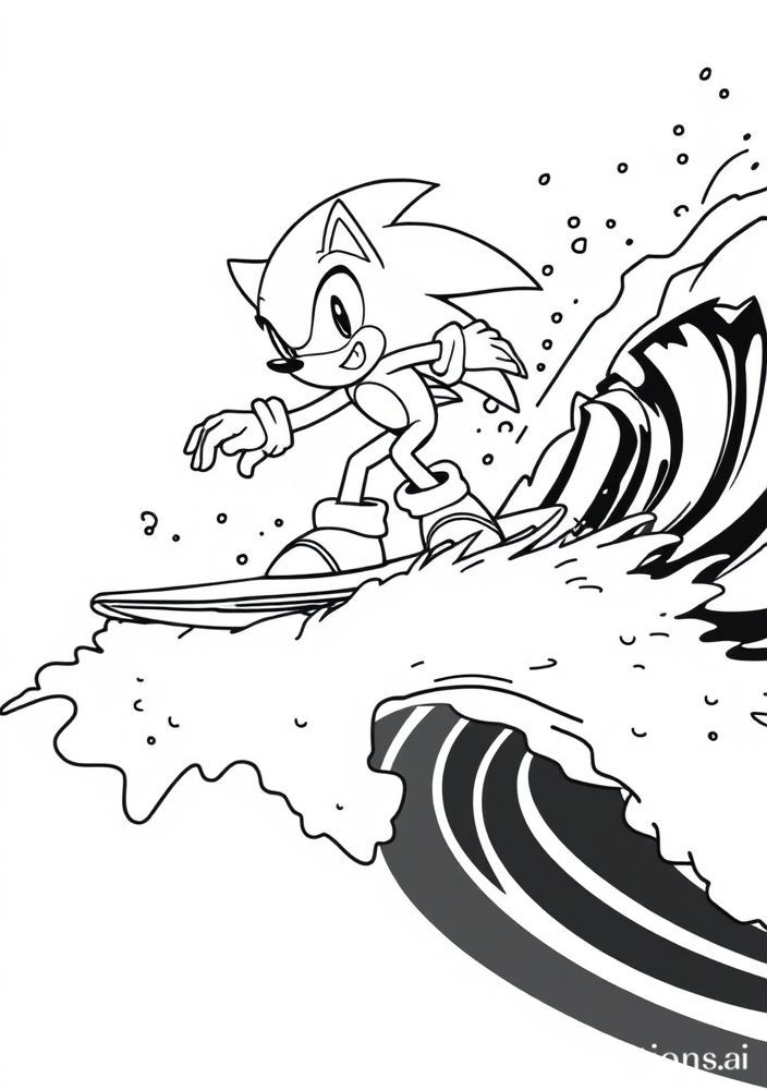 Desenho do Sonic surfando em uma onda para colorir