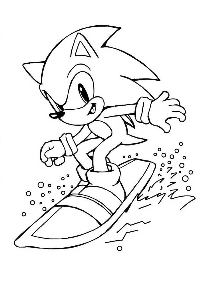 Desenho do Sonic surfando em uma onda para colorir