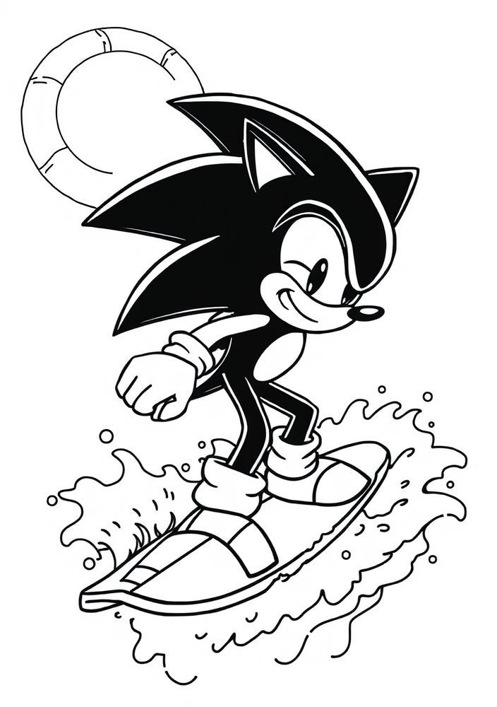 Desenho do Sonic surfando em uma onda para colorir