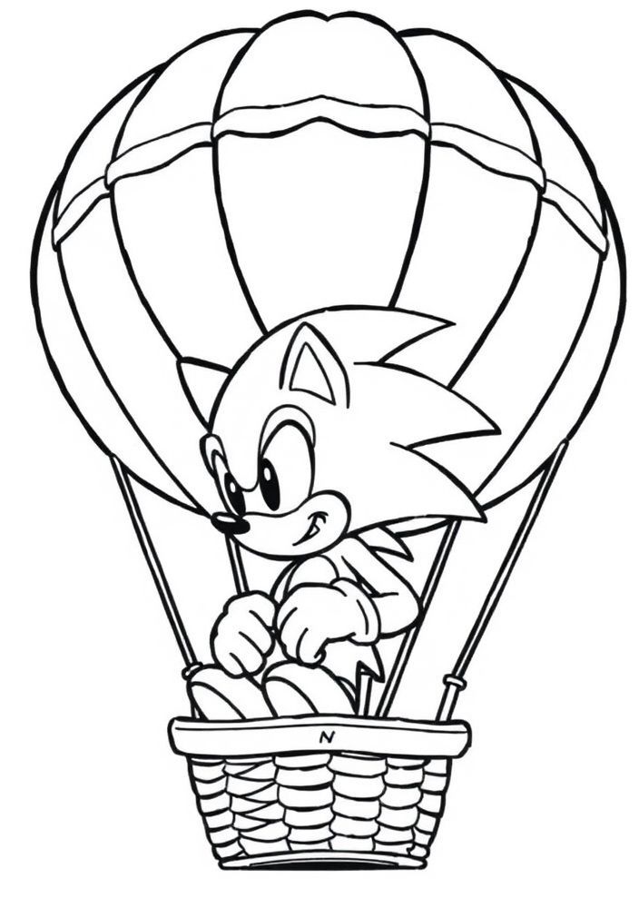 Desenho do Sonic voando em um balão de ar quente para colorir