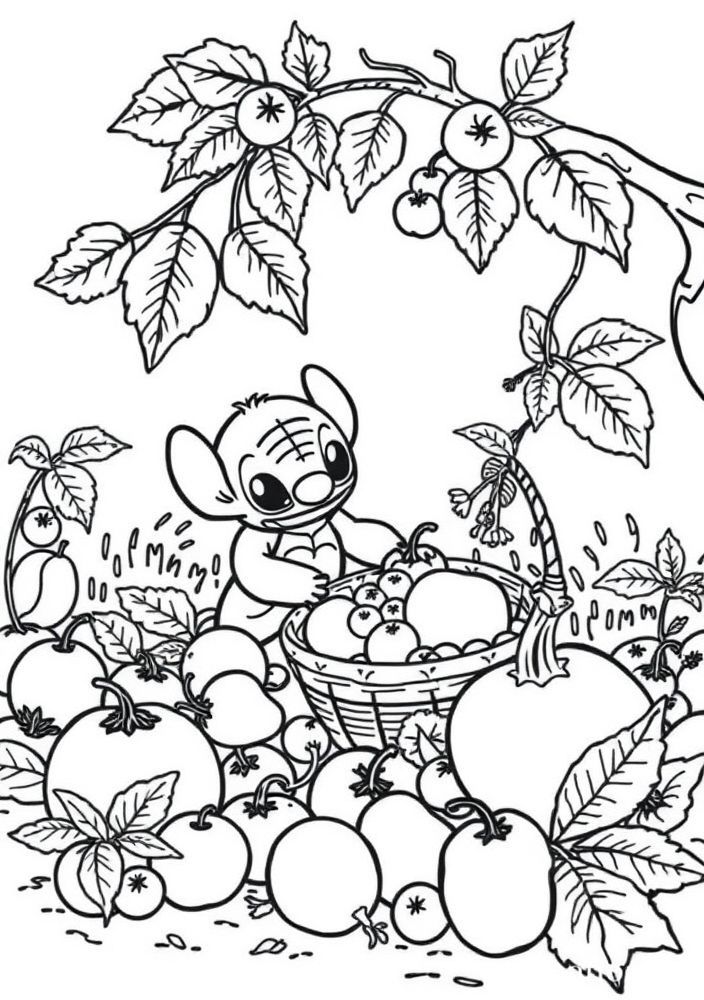 Desenho do Stitch colhendo frutas para colorir