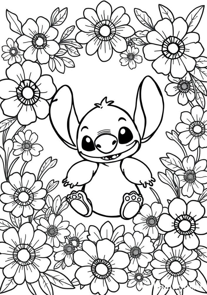 Desenho do Stitch com flores para colorir