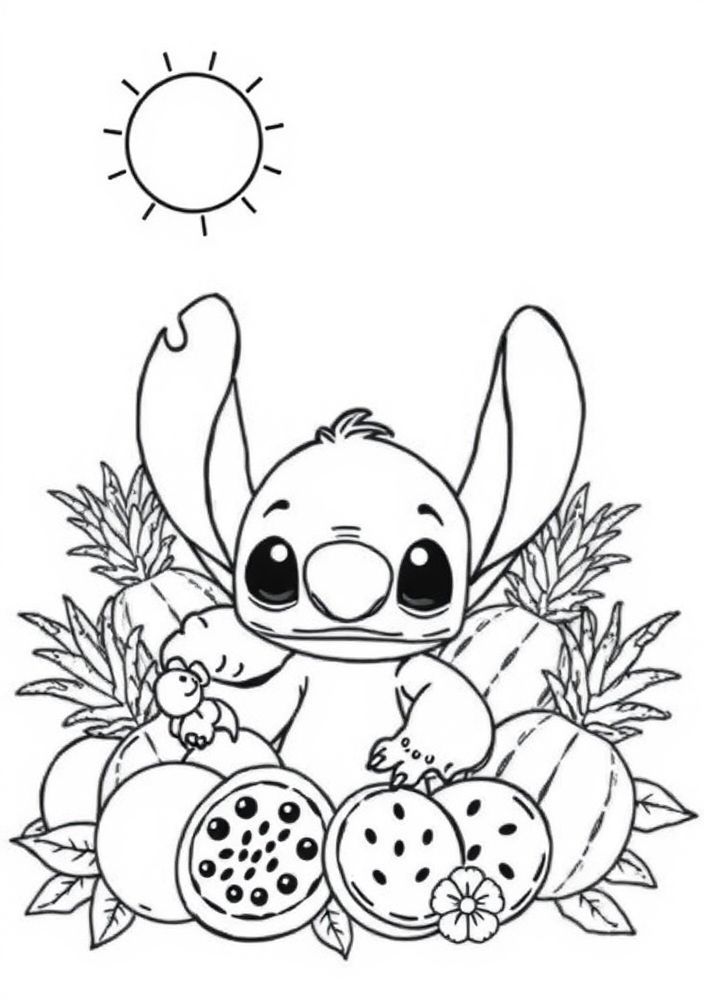 Desenho do Stitch com frutas tropicais para colorir