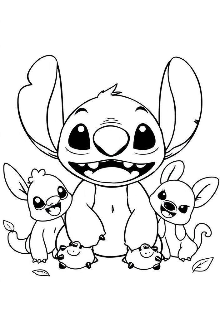 Desenho do Stitch com seus amigos para colorir