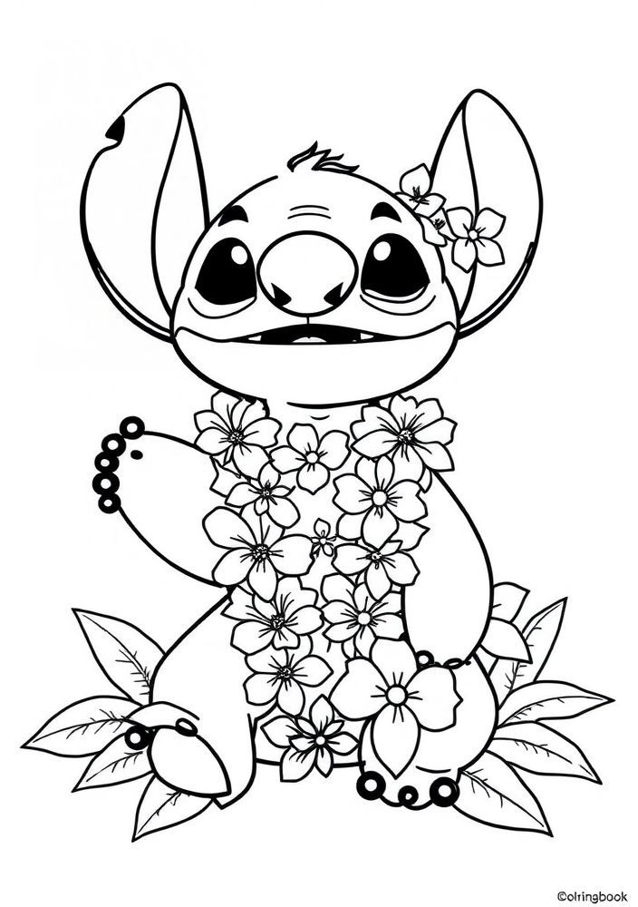 Desenho do Stitch com um colar de flores para colorir
