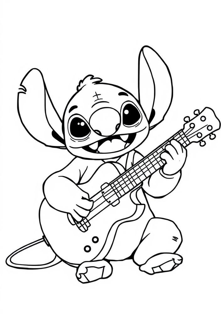 Desenho do Stitch com um violão para colorir