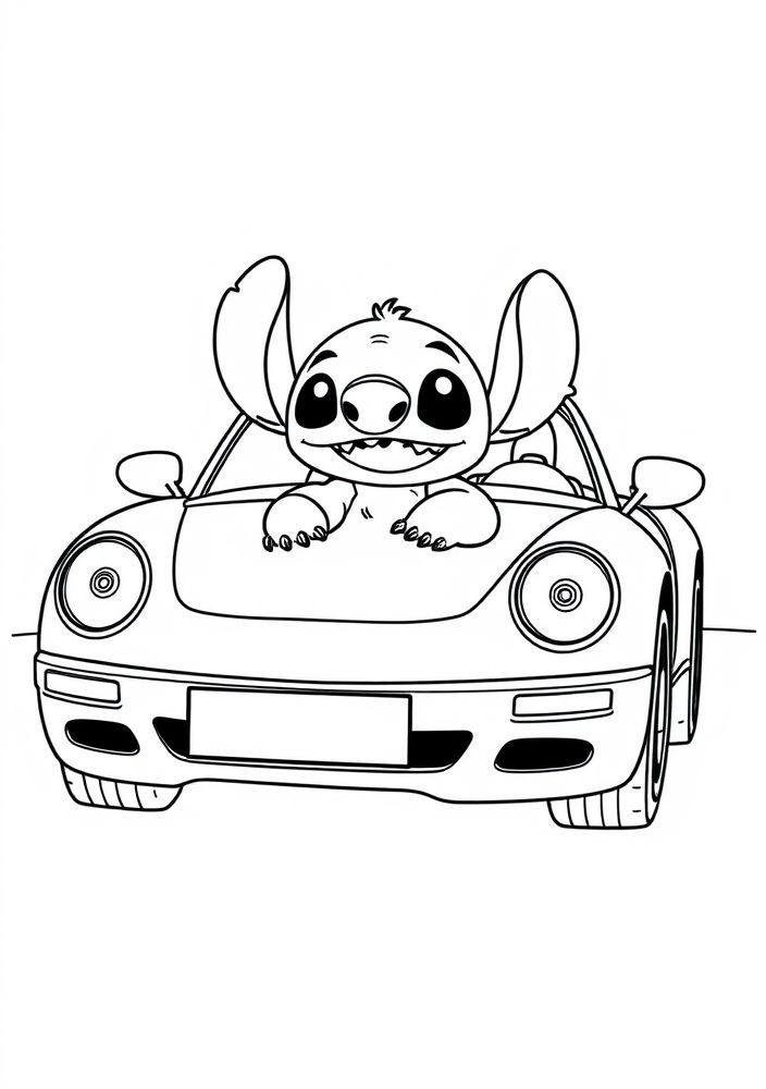 Desenho do Stitch em um carro conversível para colorir