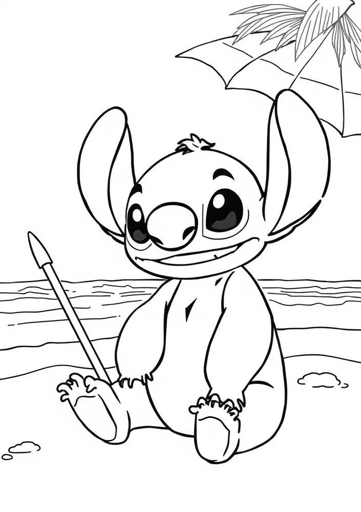 Desenho do Stitch em um cenário de praia para colorir