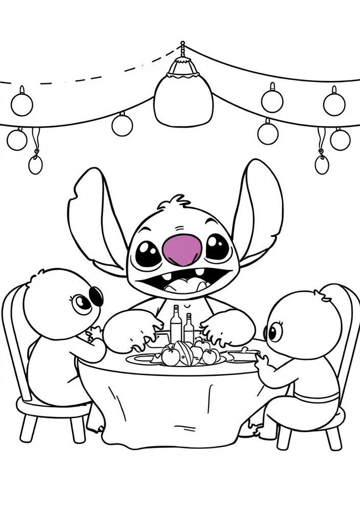Desenho do Stitch em um jantar com amigos para colorir
