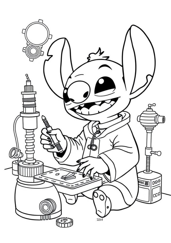 Desenho do Stitch em um laboratório inventando máquinas malucas para colorir
