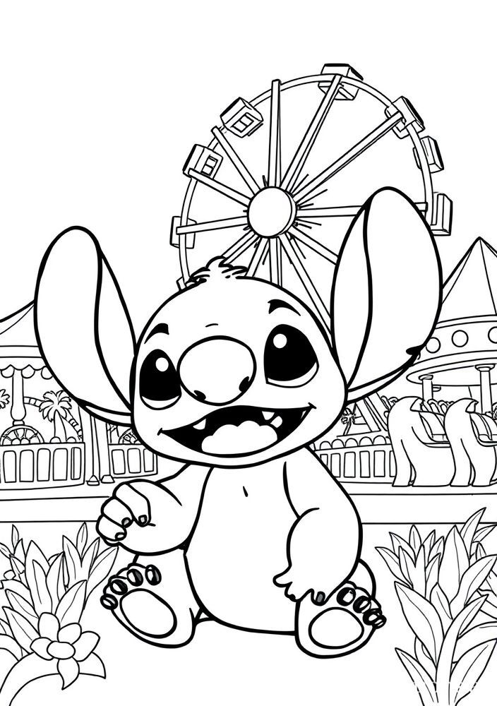 Desenho do Stitch em um parque de diversões para colorir