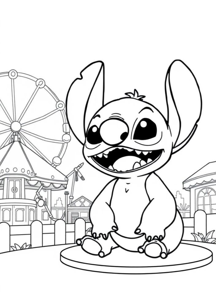 Desenho do Stitch em um parque de diversões para colorir