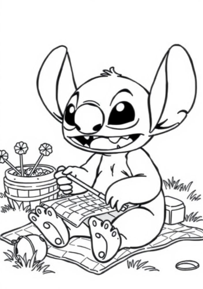 Desenho do Stitch em um piquenique para colorir