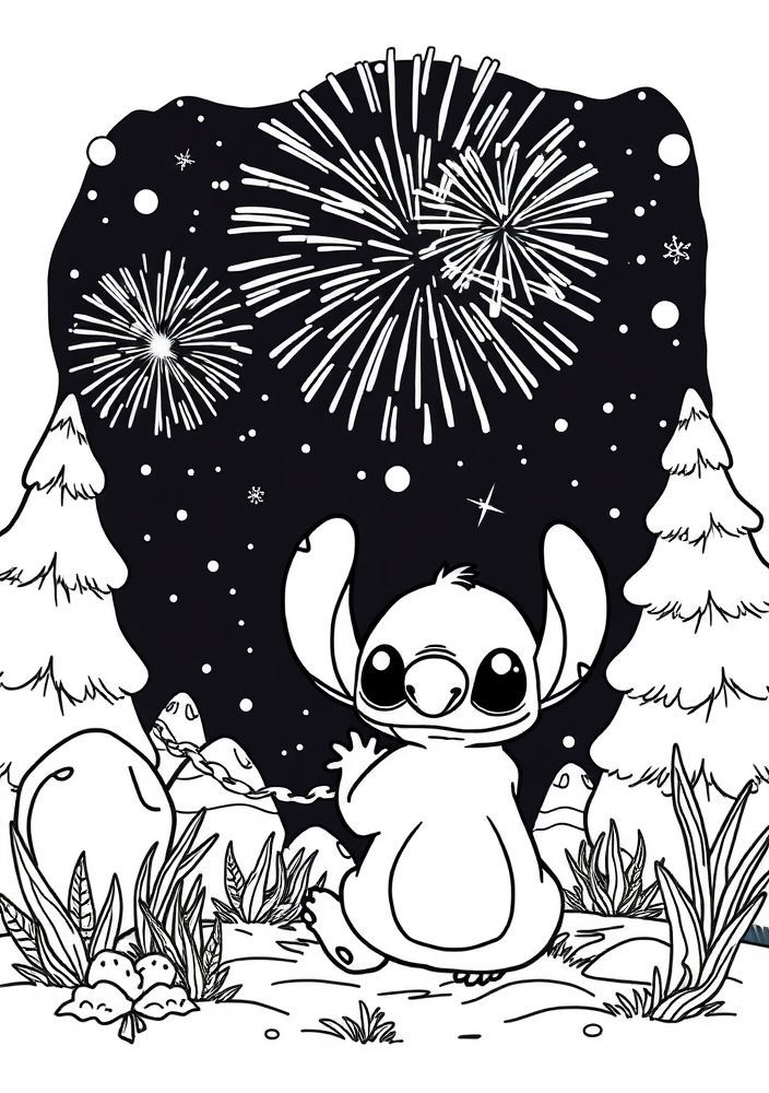 Desenho do Stitch em um show de fogos de artifício para colorir