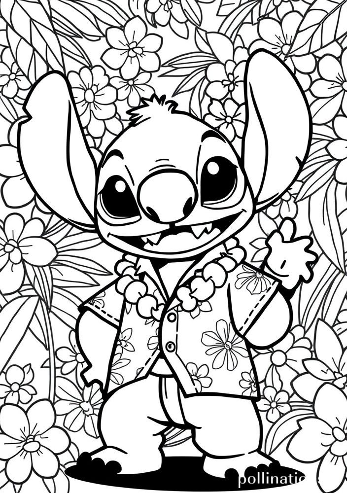 Desenho do Stitch em um traje de havaiano para colorir