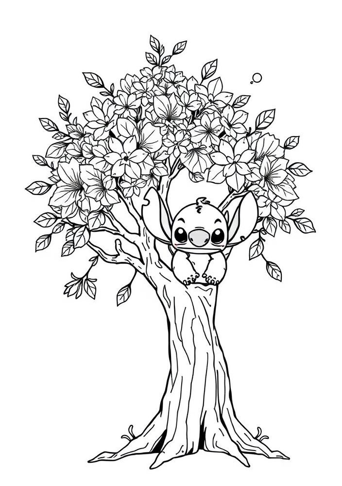 Desenho do Stitch em uma árvore para colorir