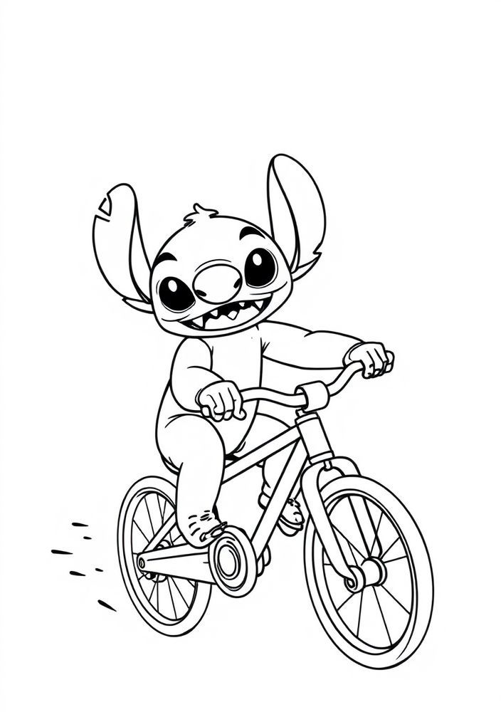 Desenho do Stitch em uma bicicleta para colorir