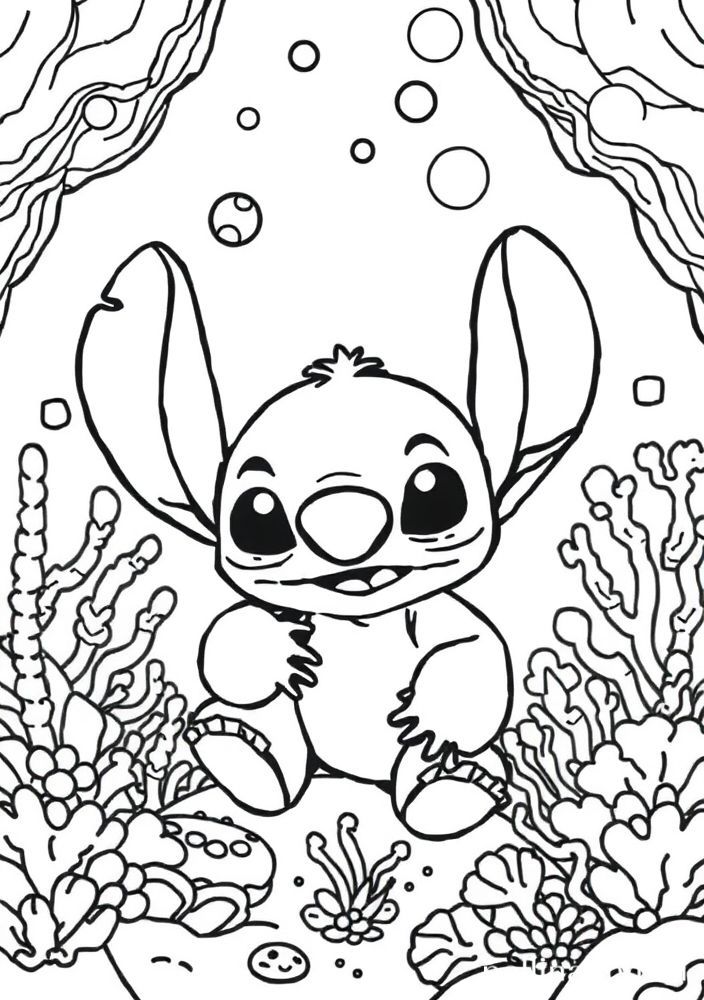 Desenho do Stitch explorando o fundo do mar para colorir