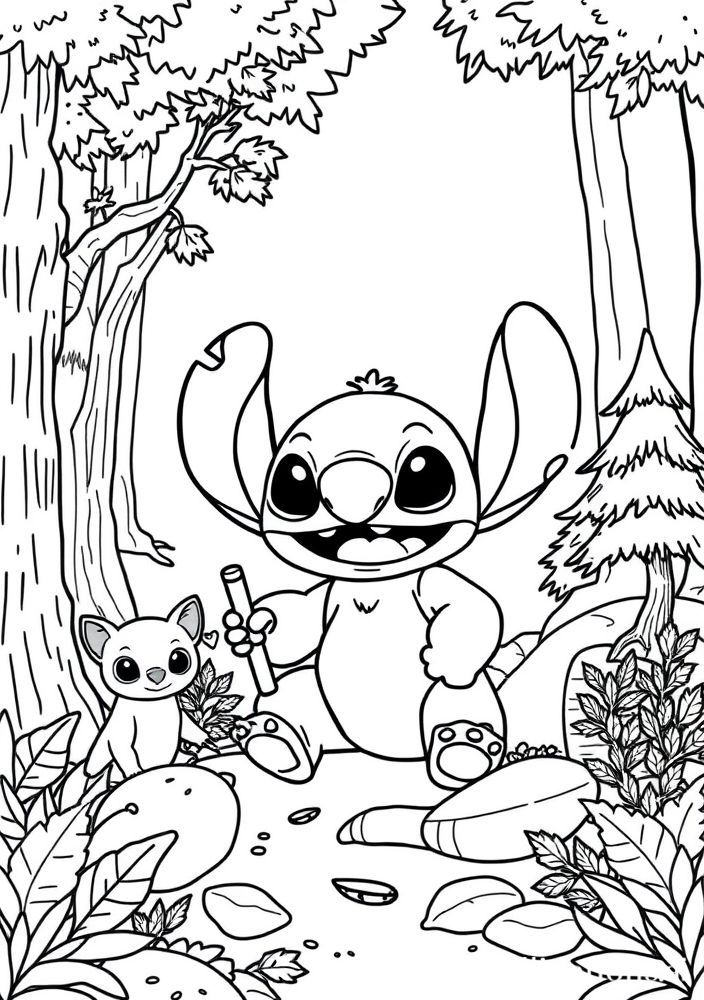 Desenho do Stitch explorando uma floresta para colorir