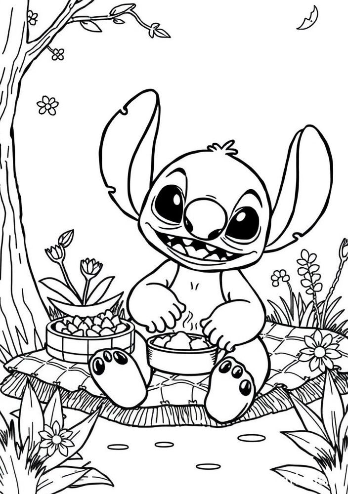 Desenho do Stitch fazendo um piquenique para colorir